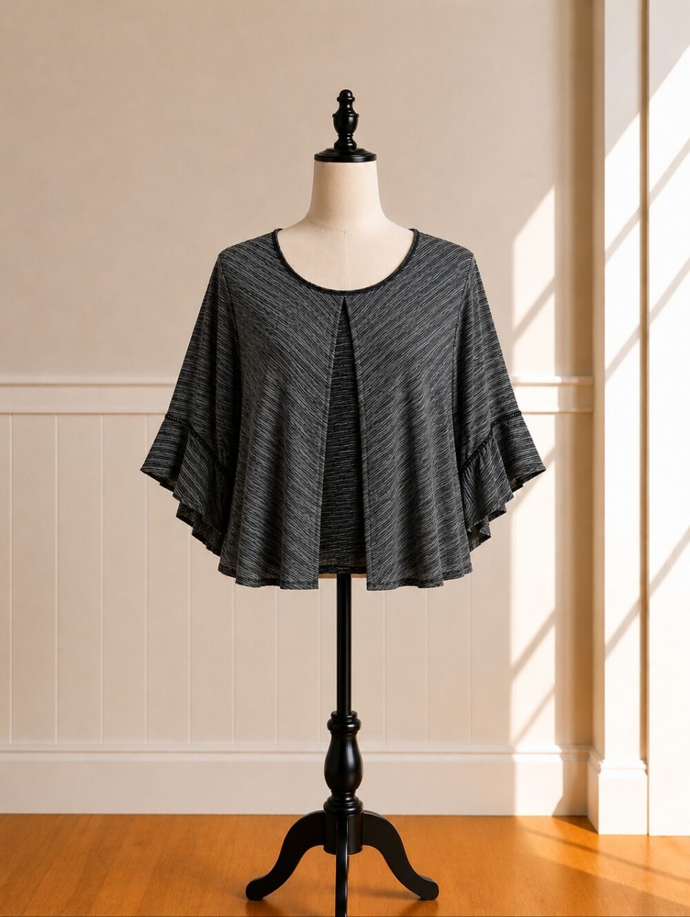 Studio JPR Black & Gray Striped Flutter Sleeve Top
